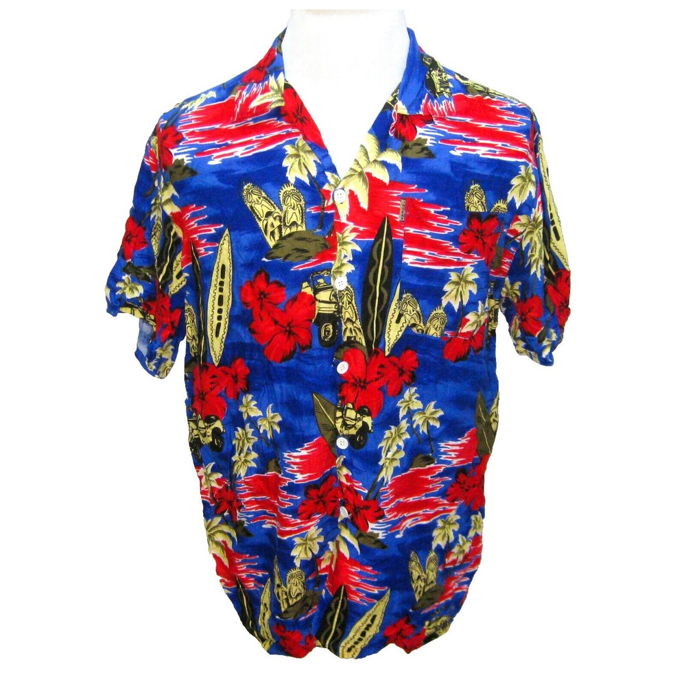 IN GEAR Men's (Size Large) Blue & Red Hawaiian Aloha Shirt Rayon Tiki Jeep Top